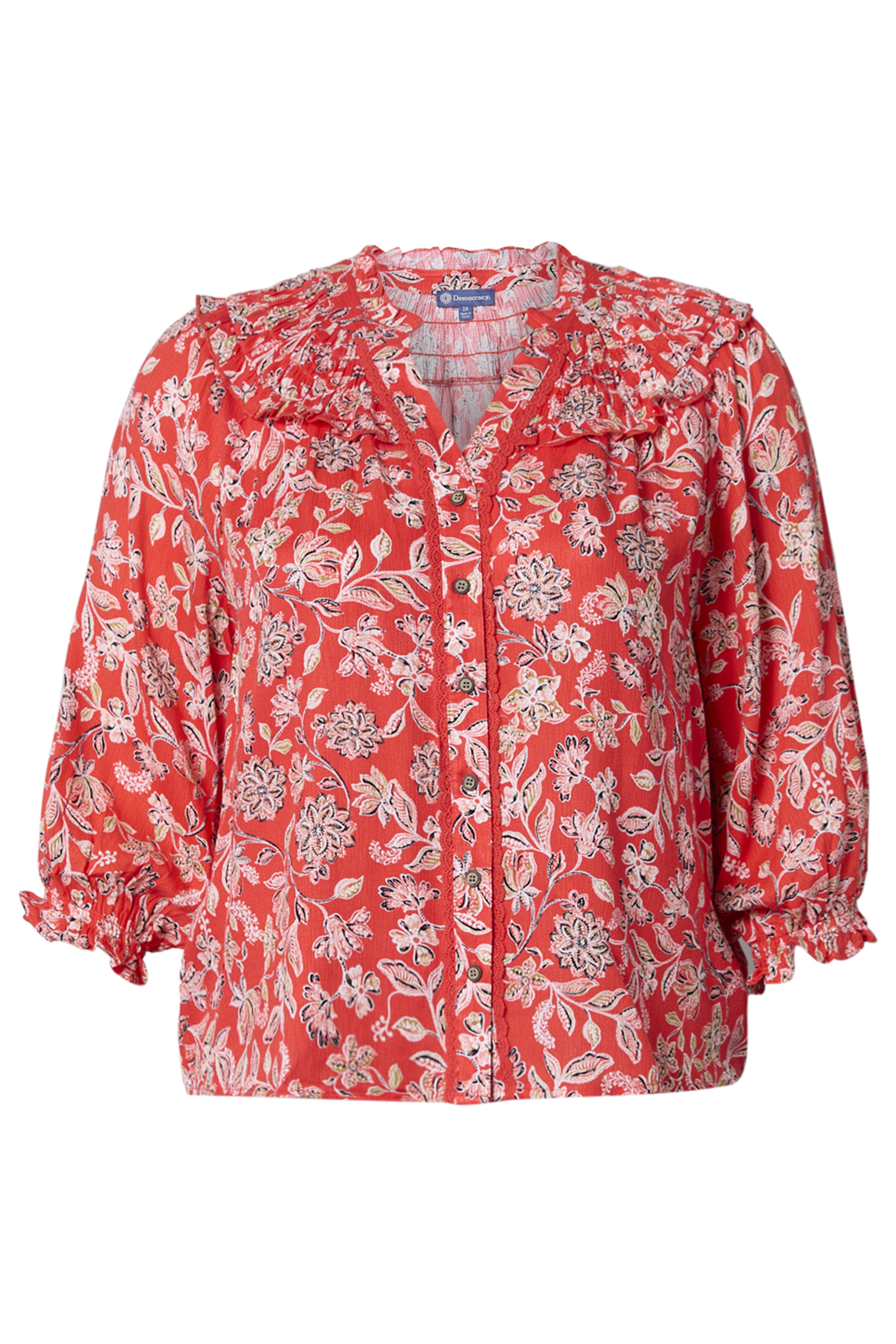 Democracy Printed V-Neck Blouson Sleeve Top